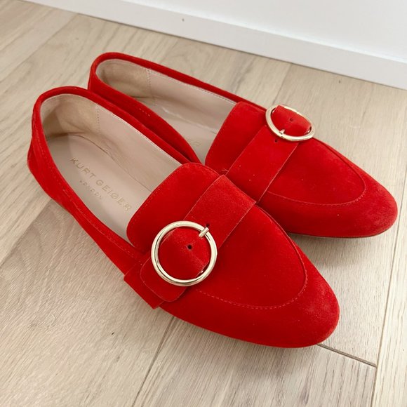 Kurt Geiger Kenner Red Buckle Suede Flats 38 - Picture 1 of 10
